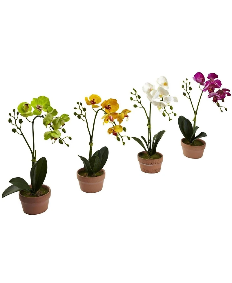 Slickblue Phalaenopsis with Clay Vase - Set of 4 Elegant Artificial Orchids for Home Decor