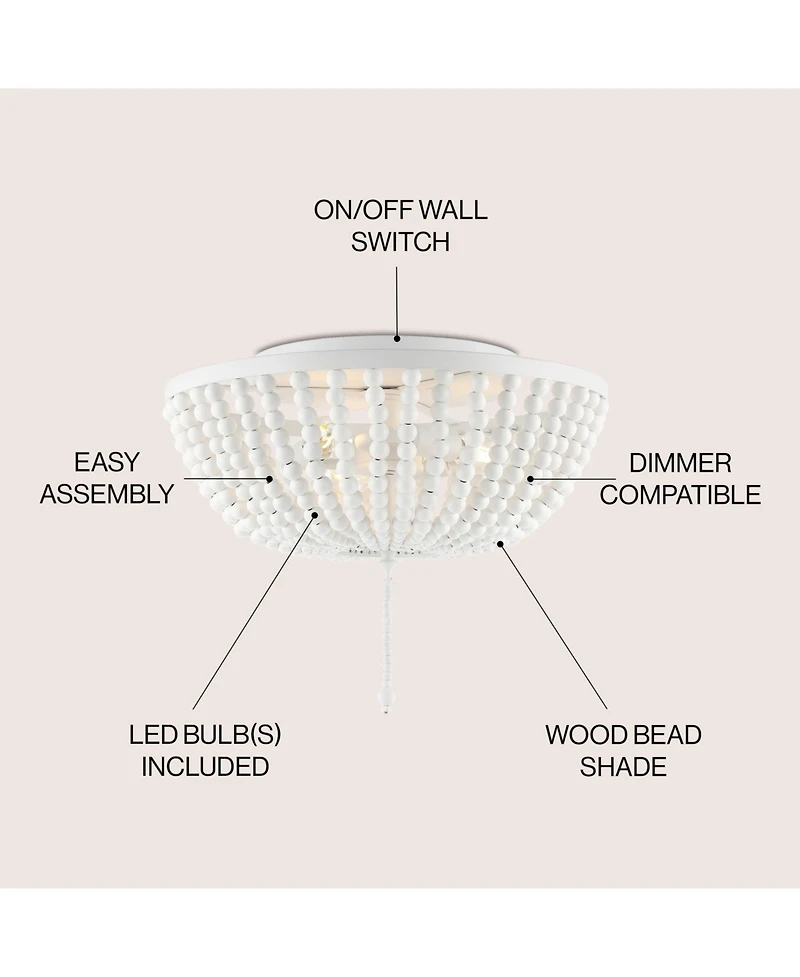Jonathan Y Allison 15" 3-Light Shabby Chic Farmhouse Wood Beaded/Metal Led Flush Mount, White