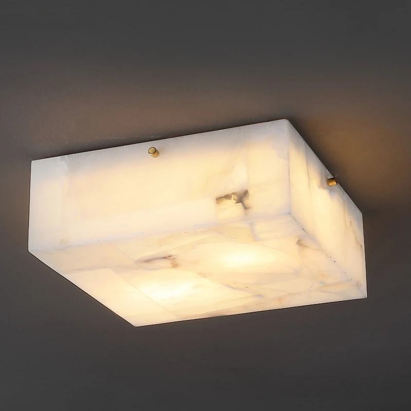 Jonathan Y Giulia 13" 2-Light Modern Contemporary Alabaster/Iron Square Led Flush Mount, White Marbling/Brass Gold