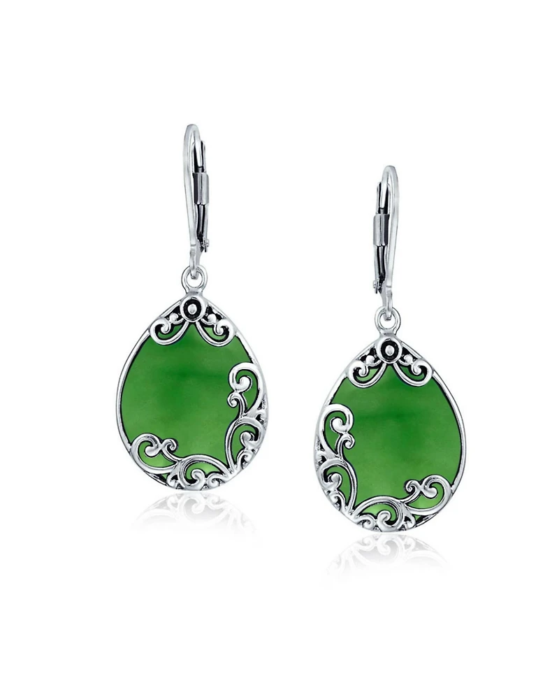 Bling Jewelry Boho Western Large Flat Teardrop Natural Stone Filigree Scroll Lever Back Dangle Earrings Oxidized .925 Sterling Silver