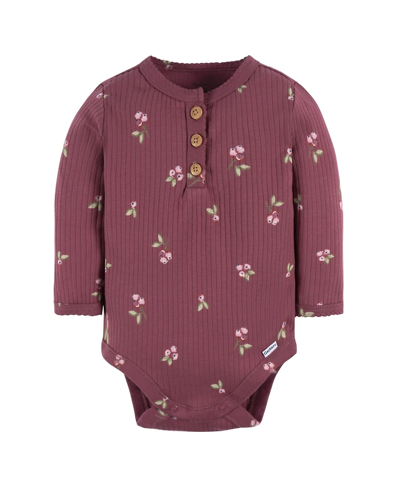 Gerber Baby Girls Henley Long Sleeve Bodysuits, 2-Pack