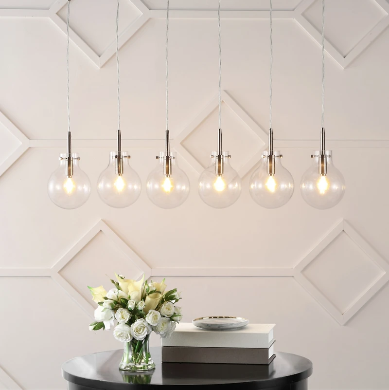 Jonathan Y Harlow 40.5" 6-Light Modern Contemporary Round Glass/Iron Led Linear Pendant, Nickel/Clear