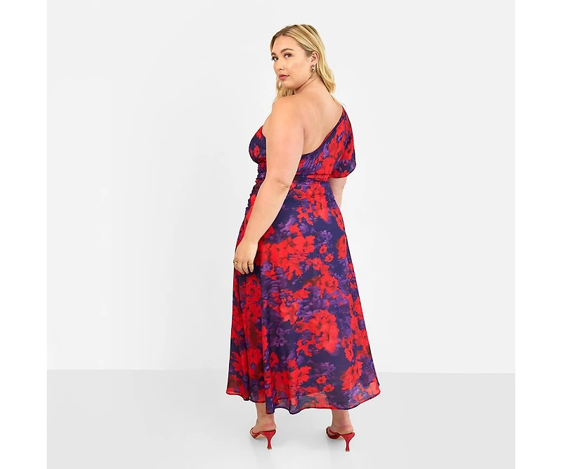 Rebdolls Plus Aurora Floral One Shoulder Midi A Line Dress