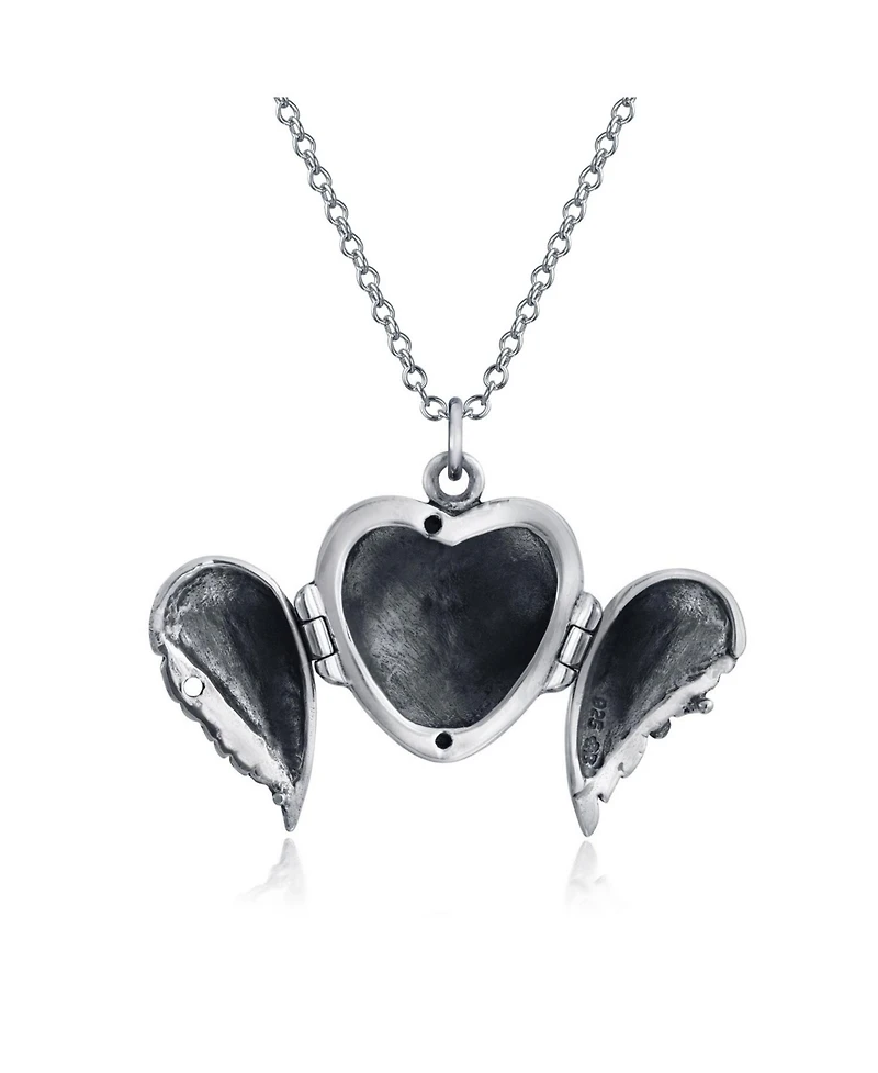 Bling Jewelry Dome Large Guardian Angel Wing Feathered Heart Shaped Photo Locket Holds Photos Pictures Oxidized Silver Necklace Pendant