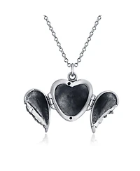 Bling Jewelry Dome Large Guardian Angel Wing Feathered Heart Shaped Photo Locket Holds Photos Pictures Oxidized Silver Necklace Pendant