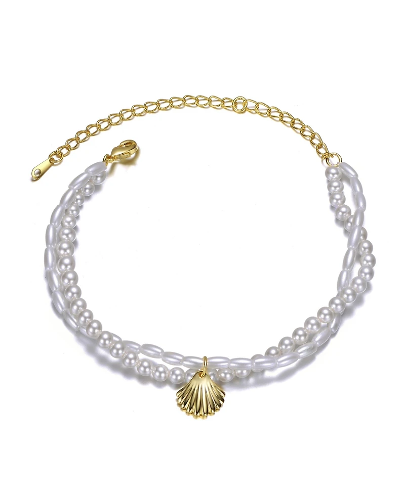 Sterling Silver 14k Yellow Gold Plated Pearl Chain Anklet with Dangling Shell