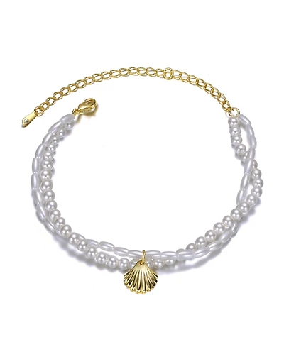 Sterling Silver 14k Yellow Gold Plated Pearl Chain Anklet with Dangling Shell
