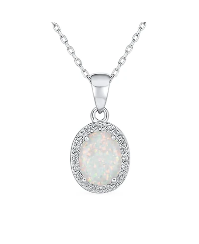 Bling Jewelry Elegant Cz Accent Halo Solitaire White Rainbow Created Opal Oval Necklace Pendant .925 Sterling Silver