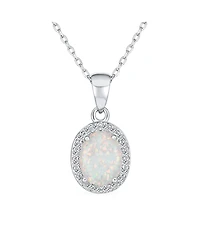 Bling Jewelry Elegant Cz Accent Halo Solitaire White Rainbow Created Opal Oval Necklace Pendant .925 Sterling Silver