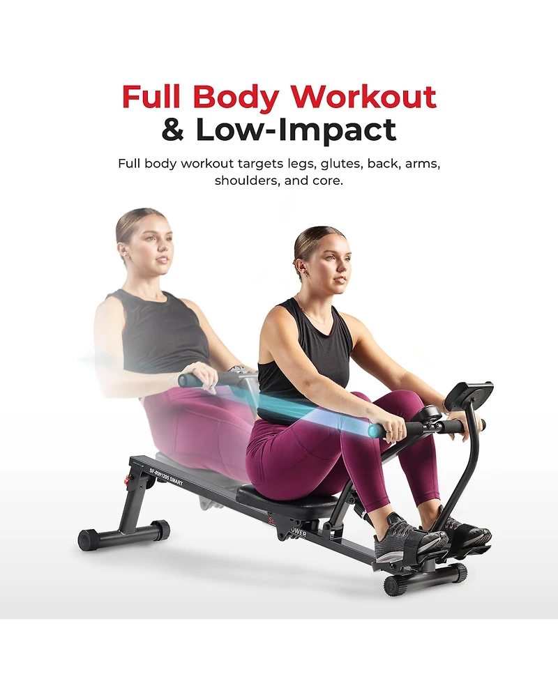 Sunny Health & Fitness Smart Compact Hydraulic Rower &with 12 Levels Resistance and Free SunnyFit App Via Bluetooth