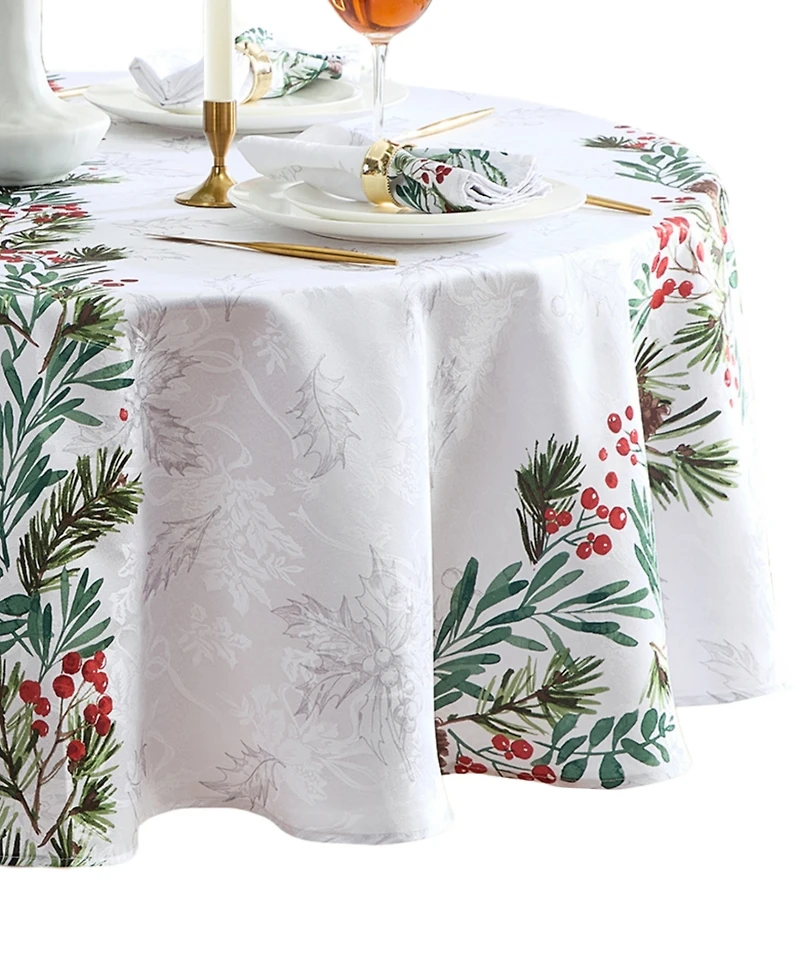 Elrene Holly Berry Flourish Holiday Fabric Round Tablecloth, 70"