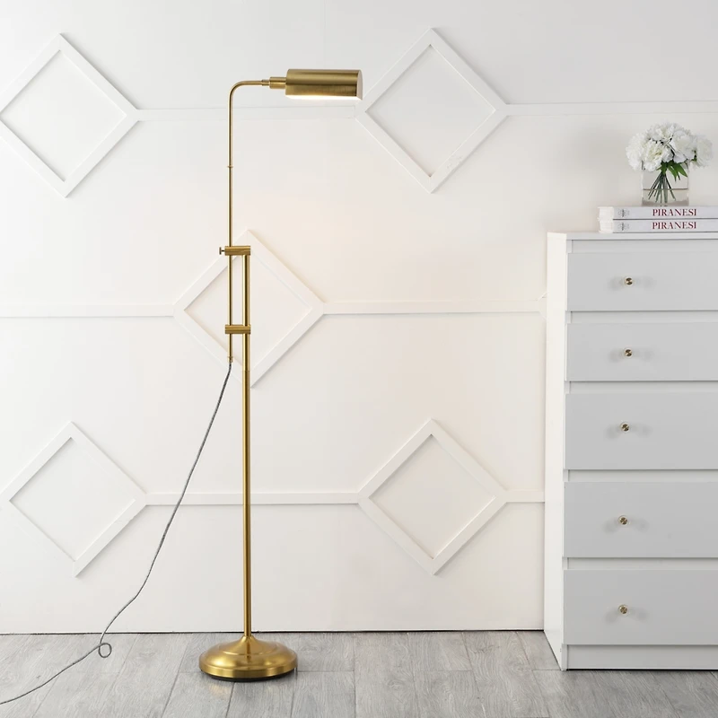 Jonathan Y Zinnia 63" Industrial Minimalist Height-Adjustable Iron Pharmacy Led Floor Lamp, Brass Gold