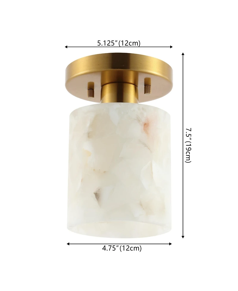 Jonathan Y Jules 5.13" 1-Light Modern Contemporary Alabaster/Iron Cylinder Led Semi Flush Mount, White Marbling/Brass Gold
