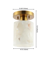 Jonathan Y Jules 5.13" 1-Light Modern Contemporary Alabaster/Iron Cylinder Led Semi Flush Mount, White Marbling/Brass Gold
