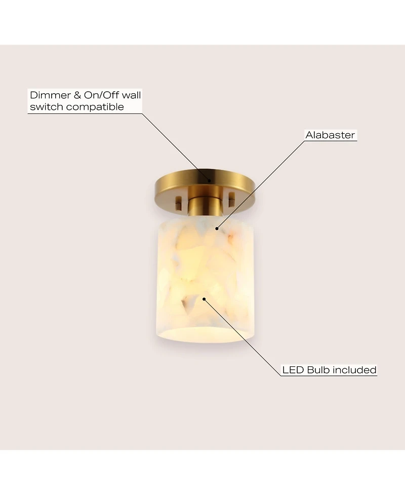 Jonathan Y Jules 5.13" 1-Light Modern Contemporary Alabaster/Iron Cylinder Led Semi Flush Mount, White Marbling/Brass Gold