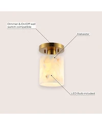 Jonathan Y Jules 5.13" 1-Light Modern Contemporary Alabaster/Iron Cylinder Led Semi Flush Mount, White Marbling/Brass Gold