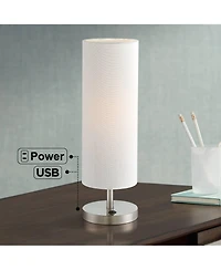 360 Lighting Heyburn Modern Accent Table Lamp 20" High Brushed Steel with Usb and Ac Power Outlet in Base Off White Cylinder Shade for Bedroom De