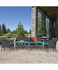 Sugift 4 Pieces Patio Rattan Cushioned Sofa Set with Tempered Glass Coffee Table-Turquoise