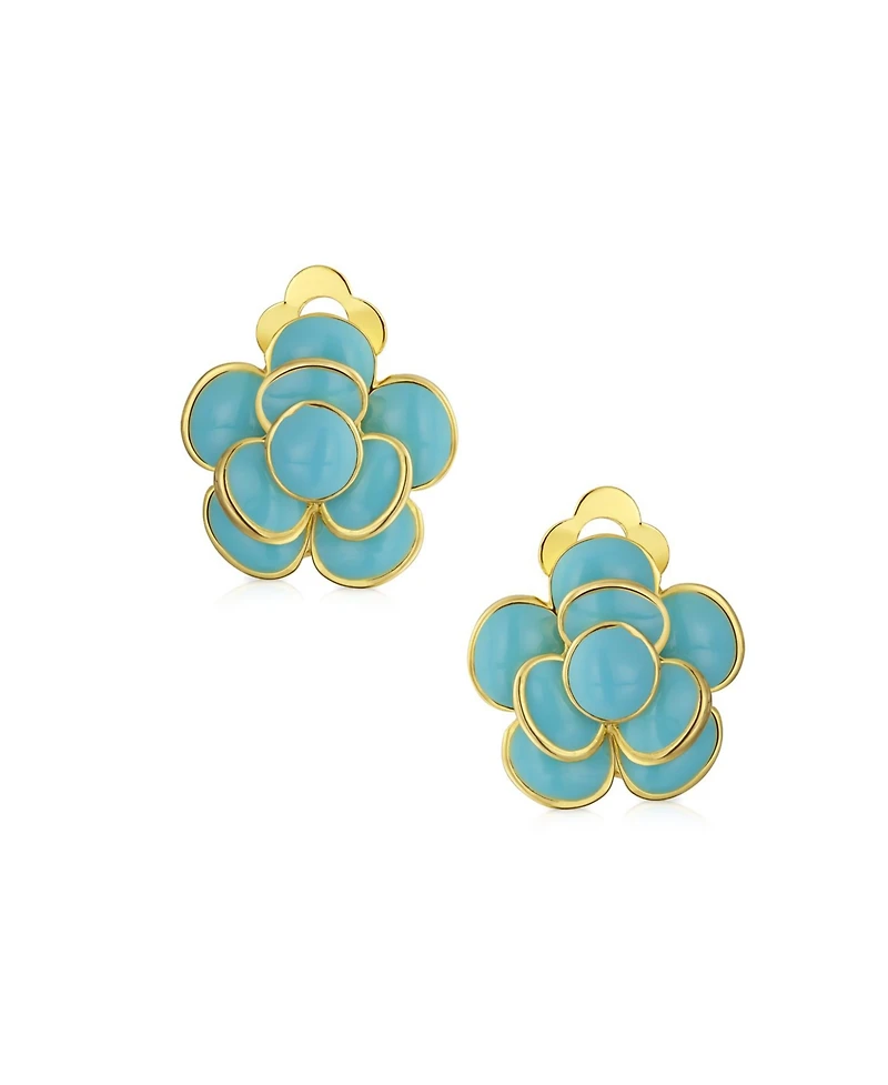 Bling Jewelry Retro Enamel Rose Flower Clip On Earrings Button Style For Non Pierced Ears Gold Plated Brass