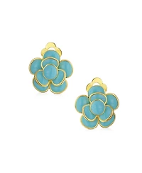 Bling Jewelry Retro Enamel Rose Flower Clip On Earrings Button Style For Non Pierced Ears Gold Plated Brass