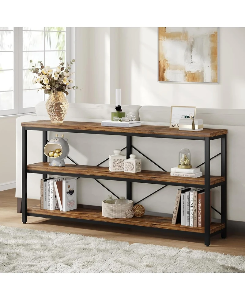 Tribesigns 55-Inch Industrial Sofa Table, 3-Tier Console Table with Metal Frame and Open Shelves