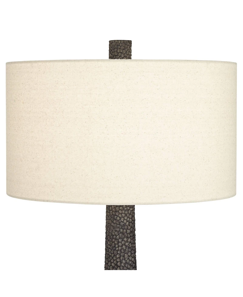 Lukas Mid Century Modern Table Lamp 27" Tall Black Pebbled Pattern White Cream Fabric Drum Shade Decor for Living Room Bedroom House Bedside Nightstan