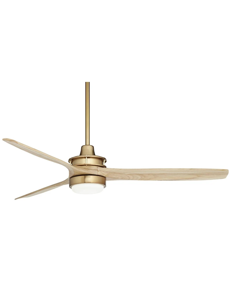 Casa Vieja 52" Windspun Modern Indoor Ceiling Fan 3 Blade Led Light Remote Control Soft Brass Finish Natural Wood Blades Bedroom
