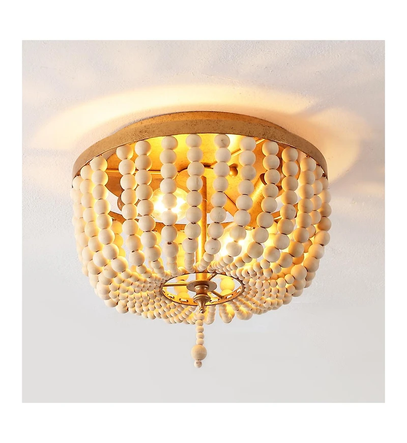 Jonathan Y Allison 10" 2-Light Shabby Chic Farmhouse Wood Beaded/Metal Led Flush Mount, White