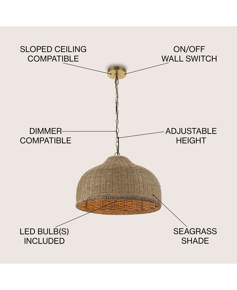 Jonathan Y Eliza 20" 1-Light Coastal Bohemian Rattan/Iron Dome Led Pendant, Brown/Brass Gold