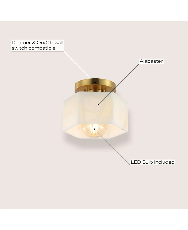 Jonathan Y Tessa 8" 1-Light Modern Contemporary Alabaster/Iron Hexagonal Led Semi Flush Mount, White Marbling/Brass Gold