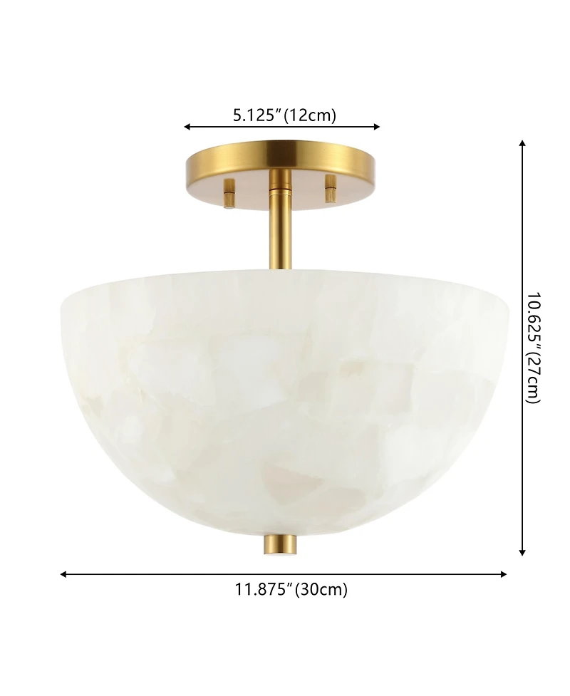 Jonathan Y Celine 11.88" 2-Light Modern Contemporary Alabaster/Iron Inverted Dome Led Semi Flush Mount, White Marbling/Brass Gold