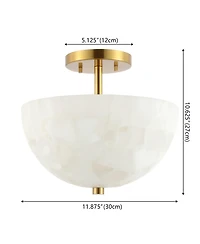 Jonathan Y Celine 11.88" 2-Light Modern Contemporary Alabaster/Iron Inverted Dome Led Semi Flush Mount, White Marbling/Brass Gold