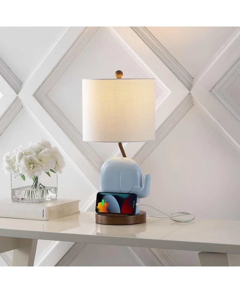 Jonathan Y Ellie 20.25" Bohemian Designer Iron/Resin Elephant Led Kids' Table Lamp with Phone Stand and Usb Charging Port, Pink