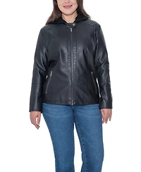 Sebby Collection Plus Garment Dyed Faux Leather Zip Front Jacket With Detachable Sweater Knit Hood