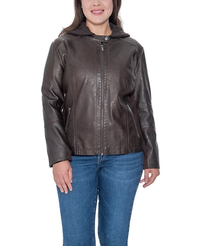 Sebby Collection Plus Garment Dyed Faux Leather Zip Front Jacket With Detachable Sweater Knit Hood