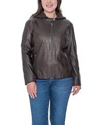 Sebby Collection Plus Size Garment Dyed Faux Leather Zip Front Jacket With Detachable Sweater Knit Hood