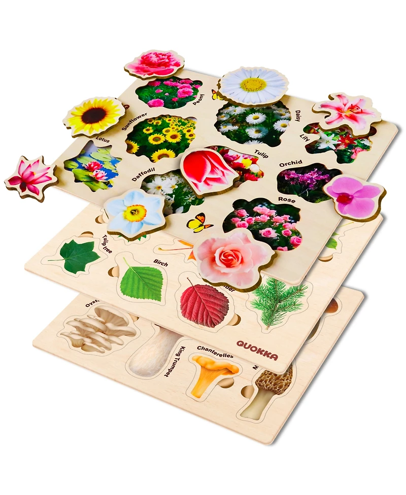 Quokka 3X Set Montessori Wooden Puzzles for Toddlers 2-4 – Mushrooms Flowers Leaves