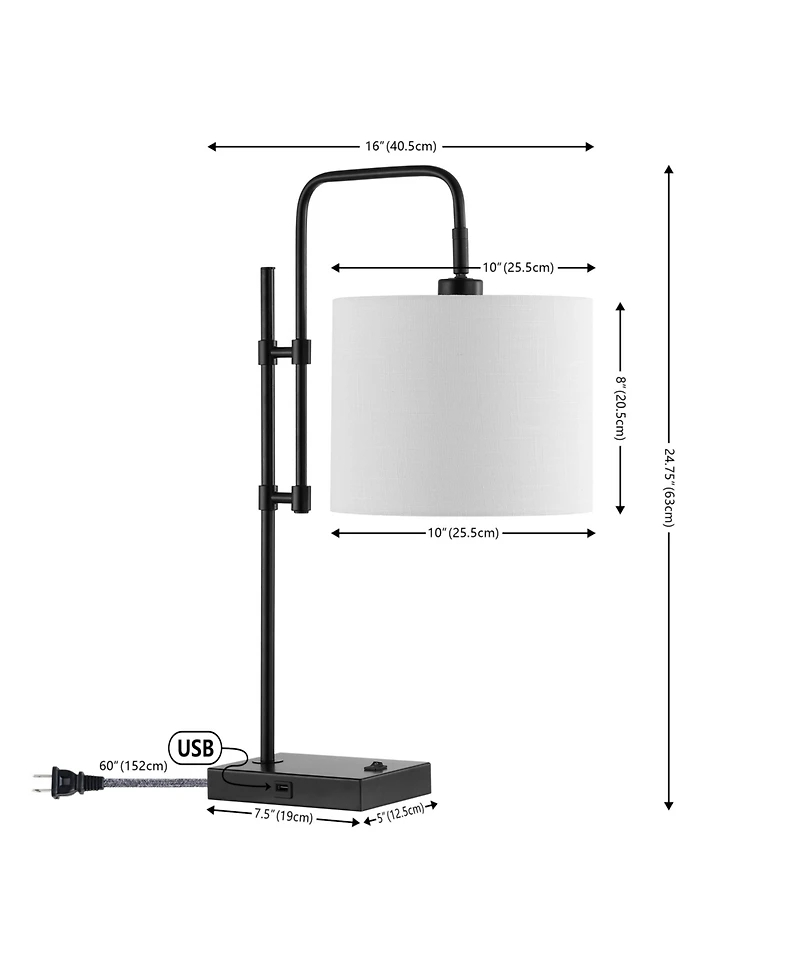 Jonathan Y Edris 24.75" Industrial Designer Metal Led Task Lamp with Usb Charging Port, Black