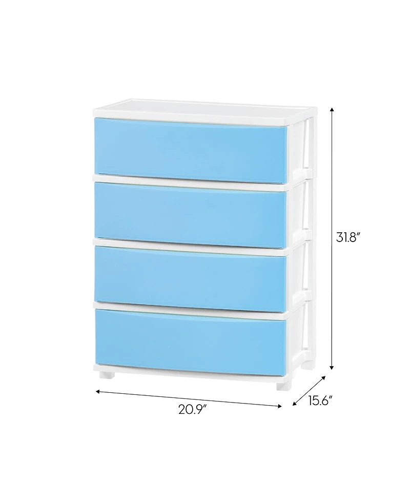 Iris Usa 4 Wide Drawer Storage, Organizer Unit for Bedroom, Closet, Living Room, Nursery, Dorm, White Frame with Matte Soft-Blue Front Panels, Set of