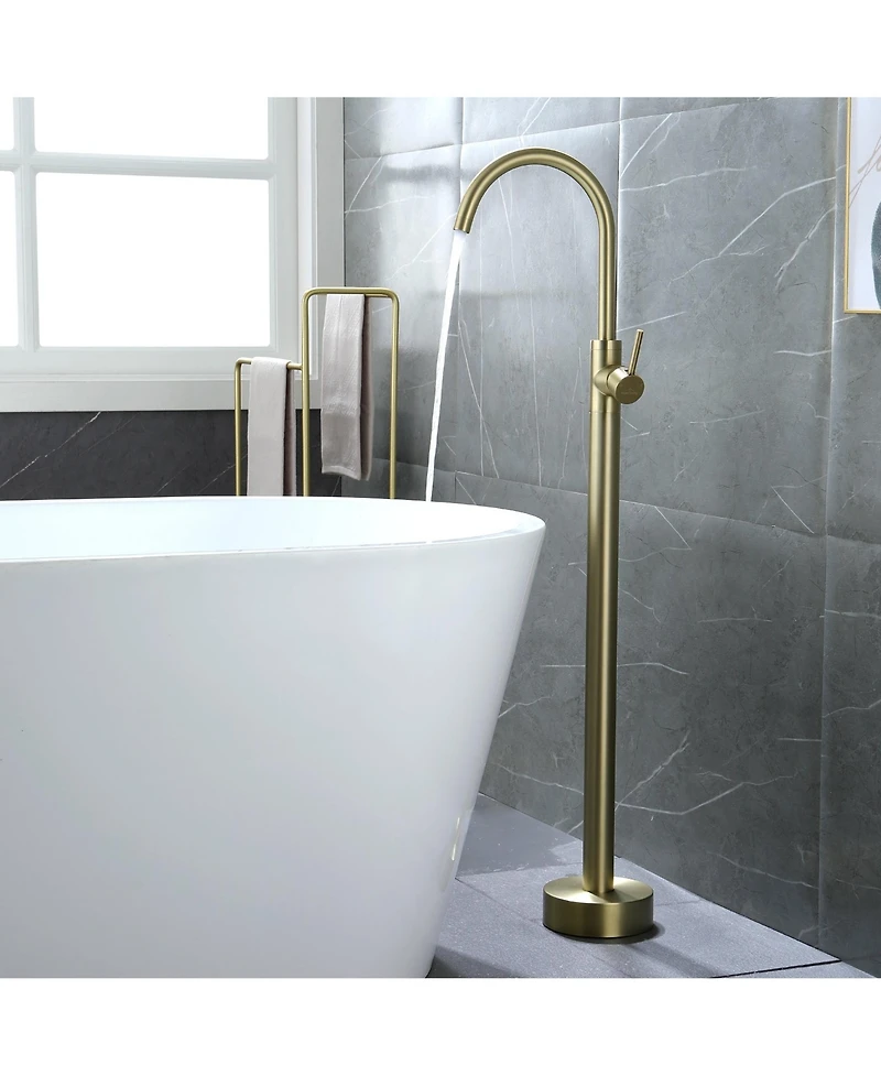 Boyel Living Freestanding Floor Mount Single Handle Bath Tub Filler Faucet with Water Supply Lines in Brushed Gold