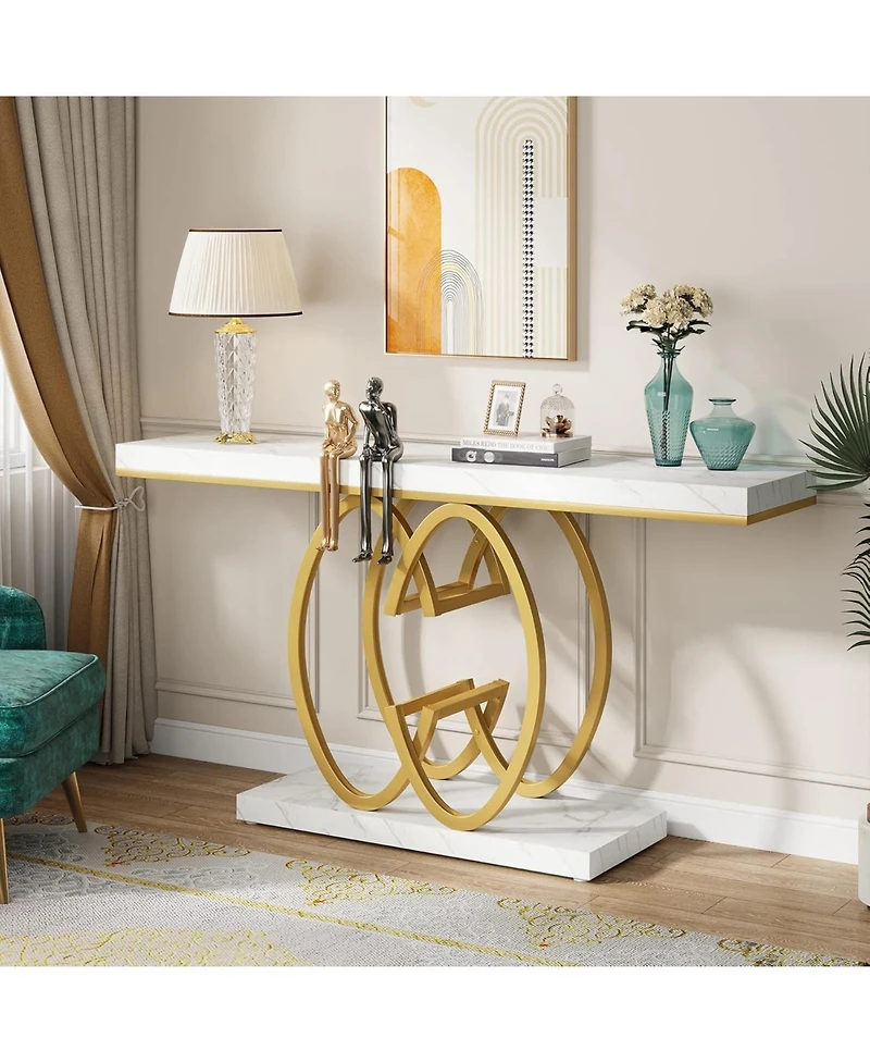 Tribesigns 55 Inch Console Table, Faux Marble Gold Entryway Table with Geometric Metal Base, Modern Narrow Sofa Accent Table (White & Gold)