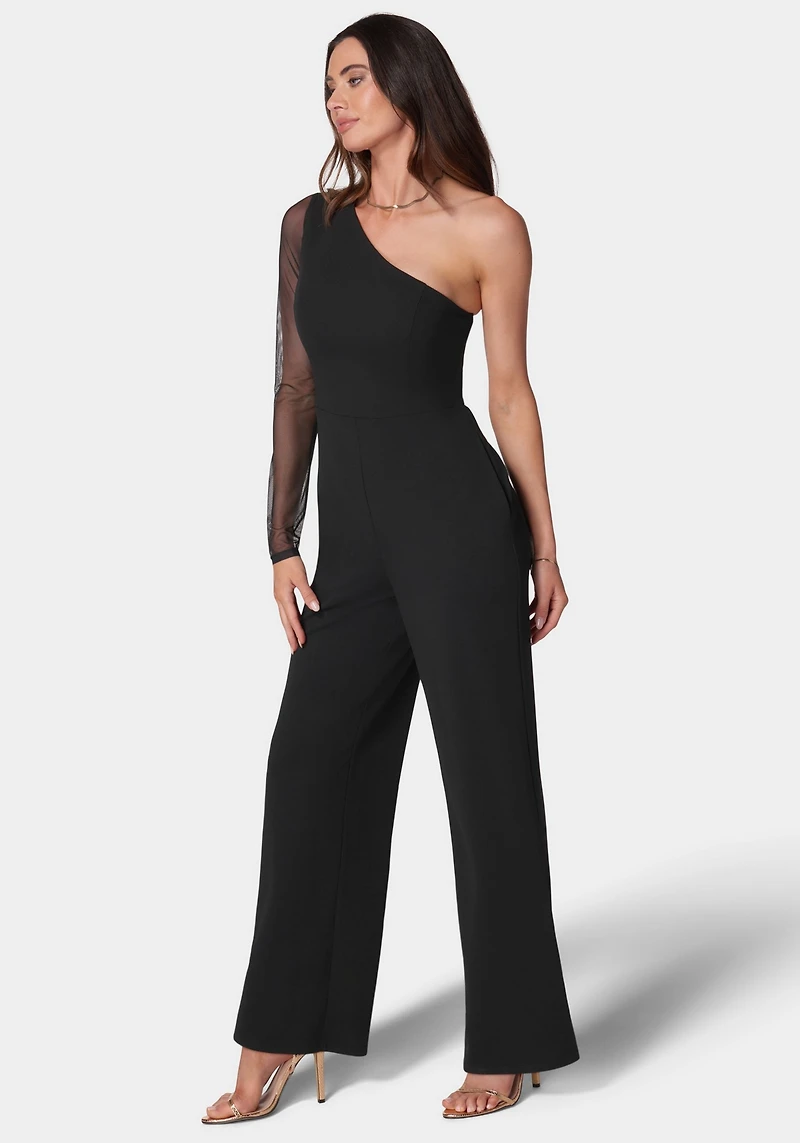 Bebe Women's Long Sleeve Mesh One Shoulder Jumpsuit