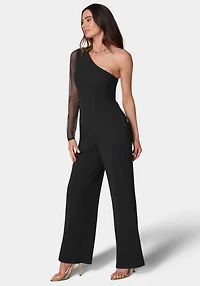 Bebe Women's Long Sleeve Mesh One Shoulder Jumpsuit