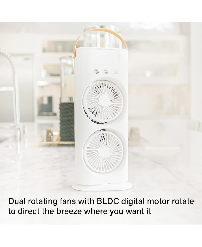 3 Fan Speeds Rechargeable Led Cooling Oscillation Personal Dual Misting Fan in White with Remote