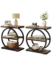 Tribesigns End Table Set of 2, Narrow End Table with 3 Storage Shelves, Wooden Nightstand with Metal Frame, Small Sofa Side Table