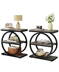 Tribesigns End Table Set of 2, Narrow with 3 Storage Shelves, Wooden Nightstand Metal Frame, Small Sofa Side
