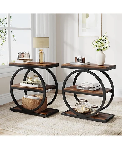 Tribesigns End Table Set of 2, Narrow with 3 Storage Shelves, Wooden Nightstand Metal Frame, Small Sofa Side