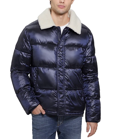 Guess Men's Puffer Jacket with Sherpa Collar
