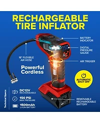 Bullseye Pro 150 Psi Cordless Handheld Rechargeable Tire Inflator with Digital Pressure Gauge and Battery Indicator