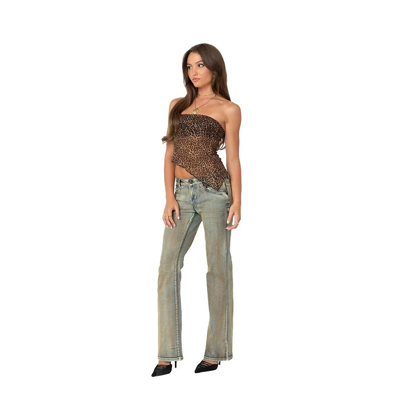 Edikted Womens Leopard Printed Sheer Mesh Tube Top